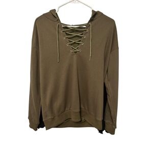 Lace-Up Hoodie Olive Green‎ Long Sleeve Casual Pullover Sweatshirt